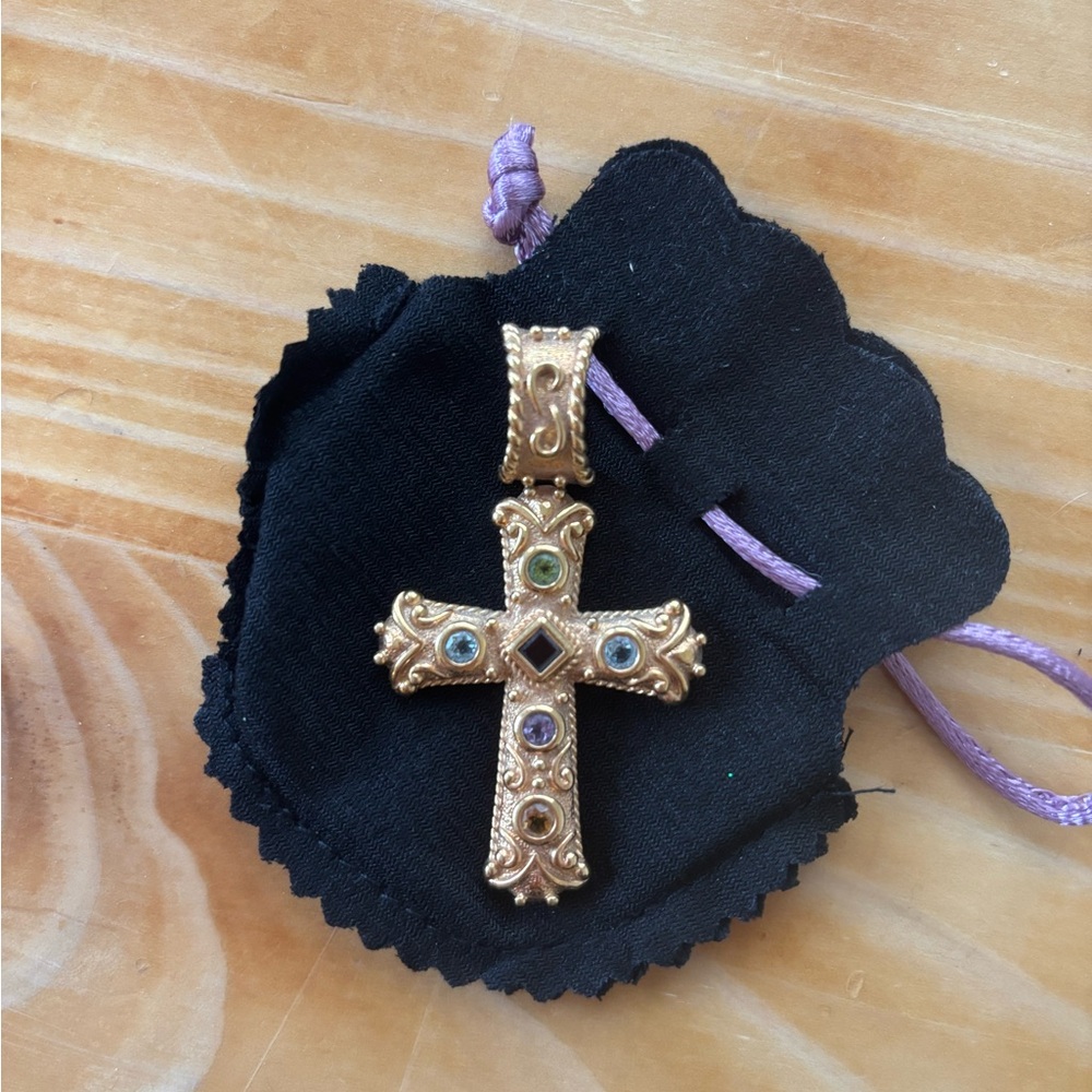 Vintage Yellow Gold Plated Silver Byzantine Gemstone Cross Pendant